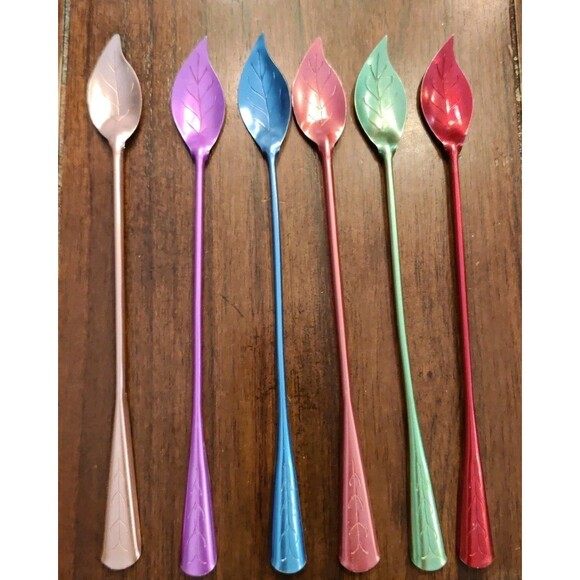 VTG Lot Of 6 MCM ANODIZED ALUMINUM MULTICOLOR DRINK 8" STIRRERS Spoons - Picture 1 of 6